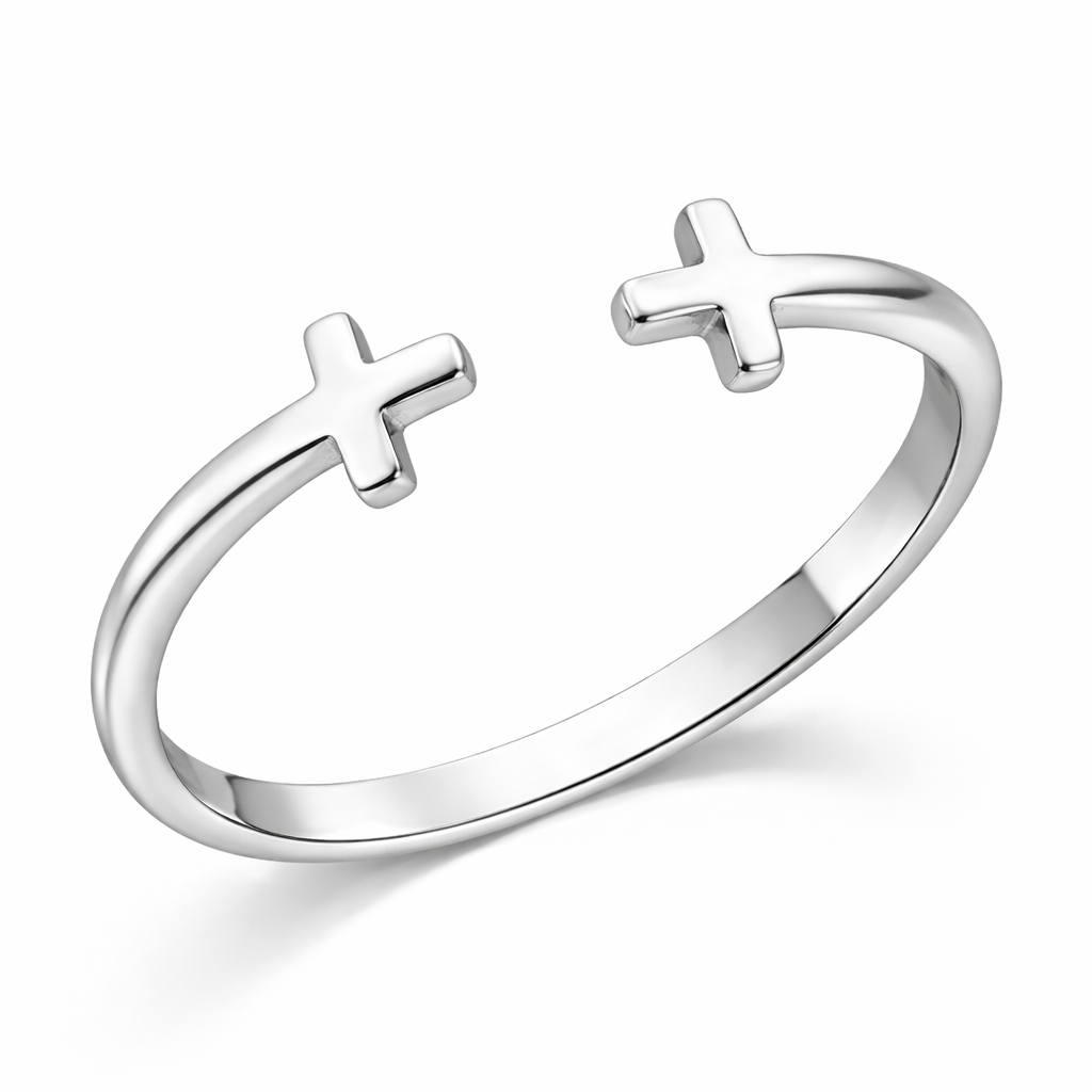 925 Sterling Silver Minimal Double Cross Open Cuff Ring