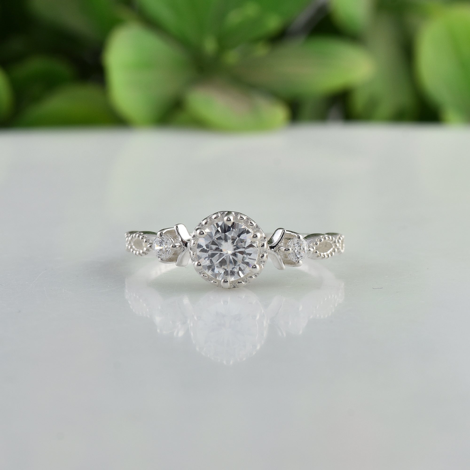 5mm Round White Topaz Vintage Halo Engagement Ring 925 Sterling Silver