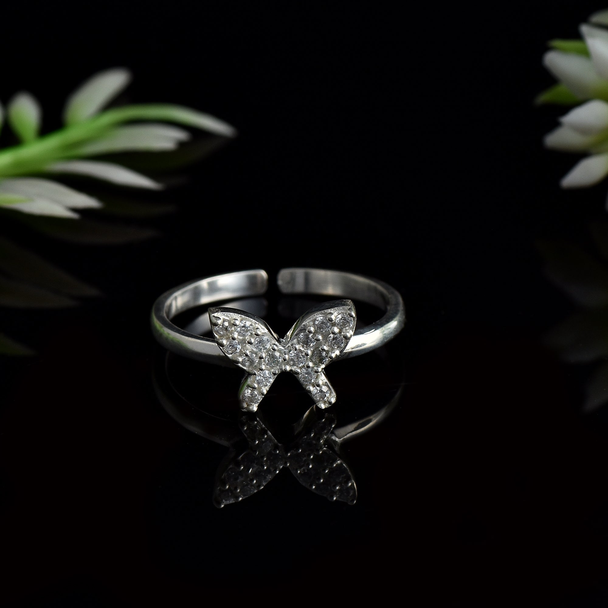White Topaz Butterfly Adjustable Open Band Ring 925 Sterling Silver
