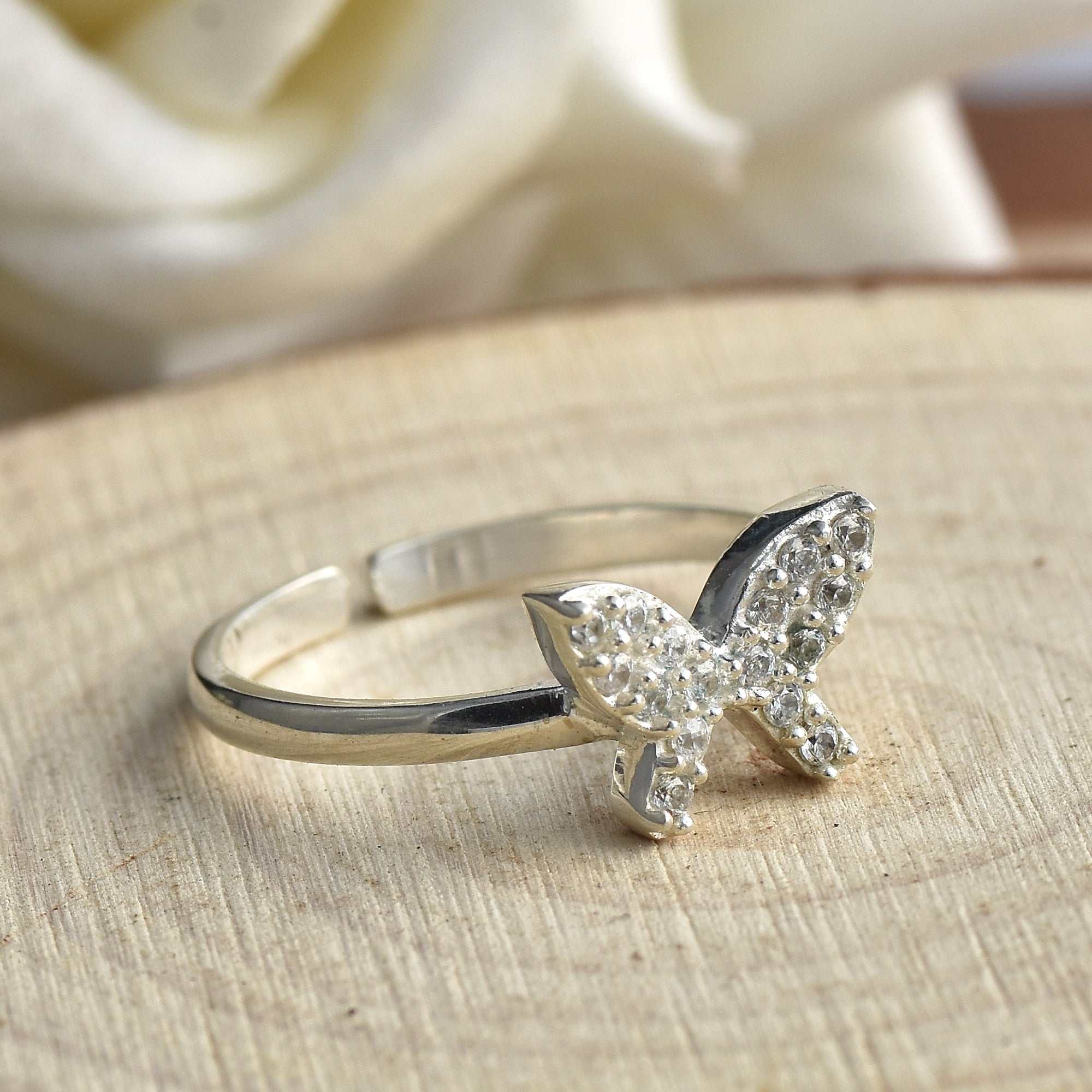 White Topaz Butterfly Adjustable Open Band Ring 925 Sterling Silver