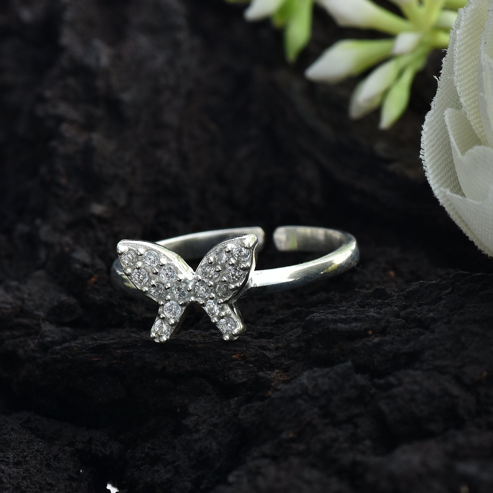 White Topaz Butterfly Adjustable Open Band Ring 925 Sterling Silver