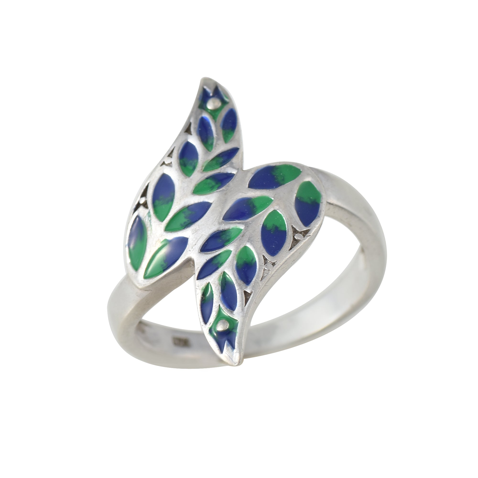 925 Sterling Silver Blue & Green Enamel Leaf Ring