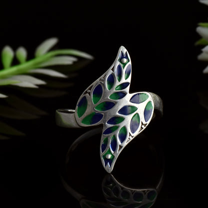Blue and Green Enamel Leaf Ring – 925 Sterling Silver