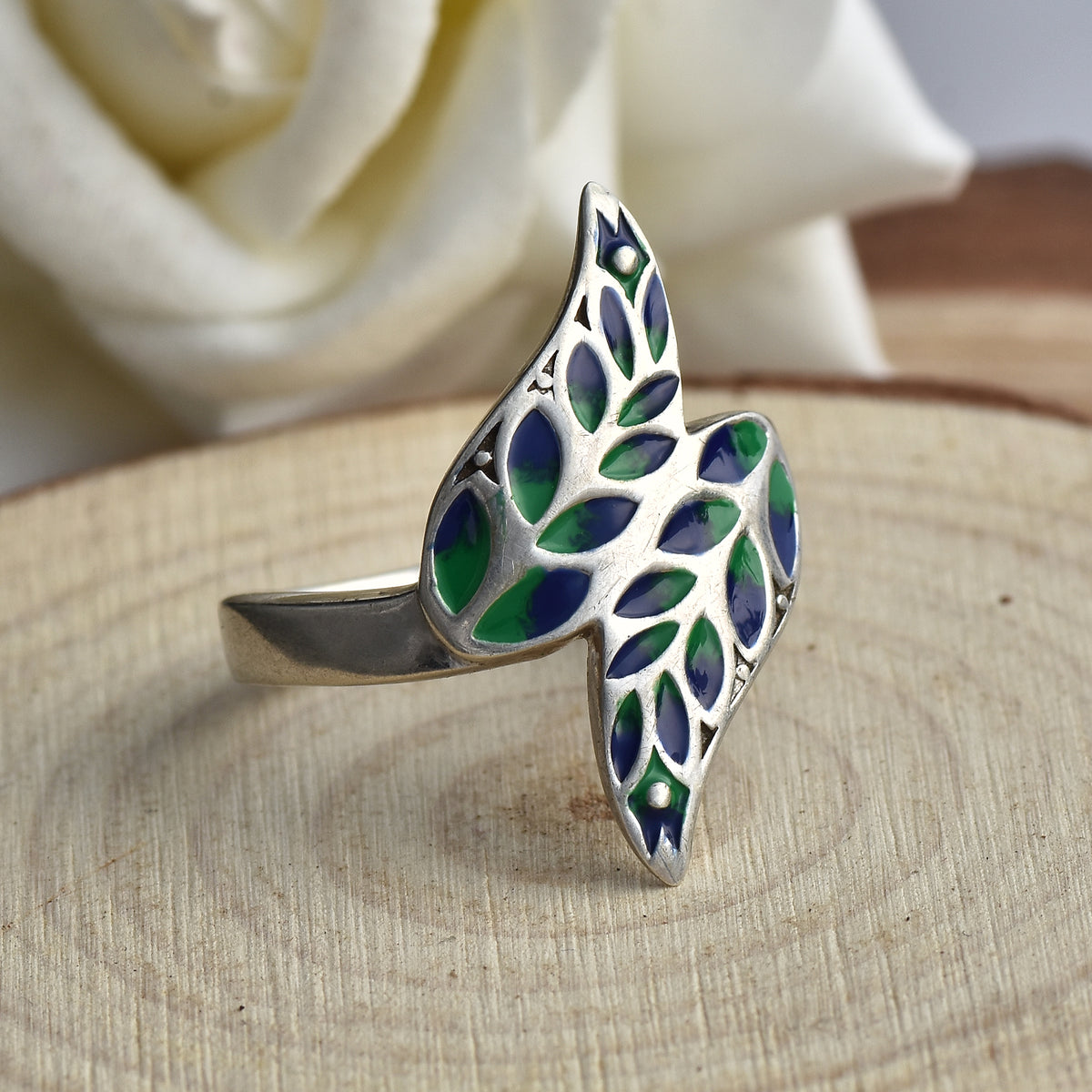 Blue and Green Enamel Leaf Ring – 925 Sterling Silver