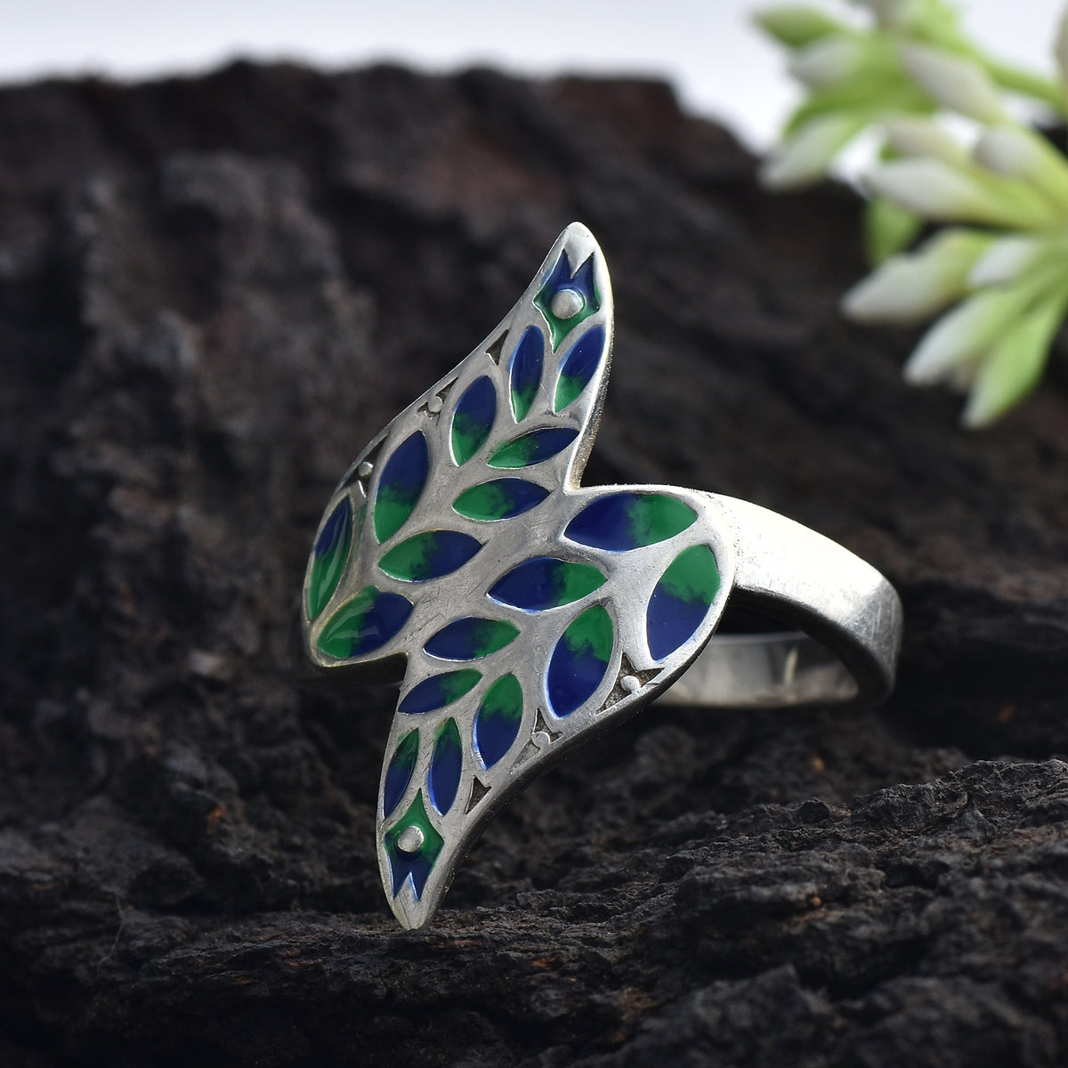 Blue and Green Enamel Leaf Ring – 925 Sterling Silver