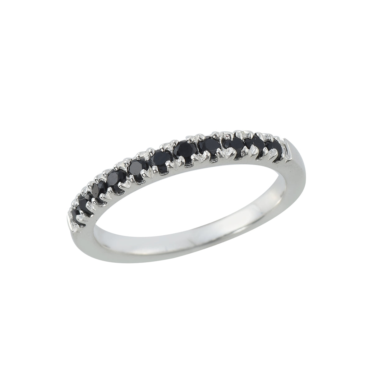 Round Black Spinel Half Eternity Stackable Band Ring – 925 Sterling Silver