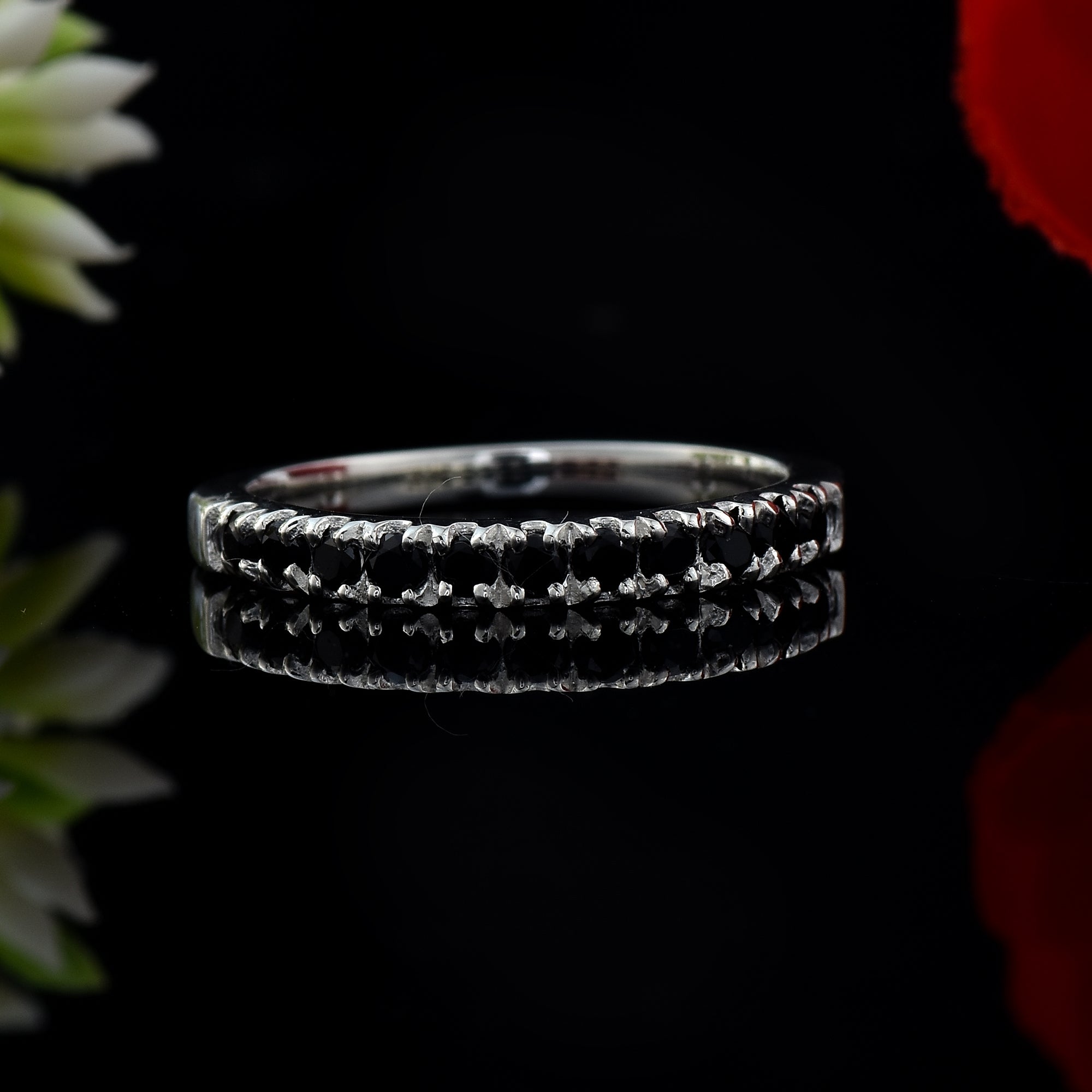 Round Black Spinel Half Eternity Stackable Band Ring 925 Sterling Silver