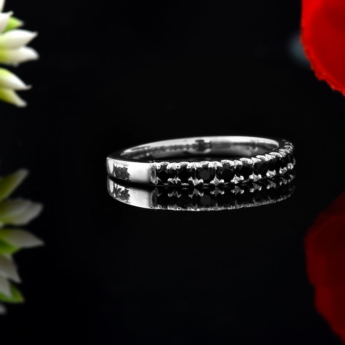 Round Black Spinel Half Eternity Stackable Band Ring – 925 Sterling Silver