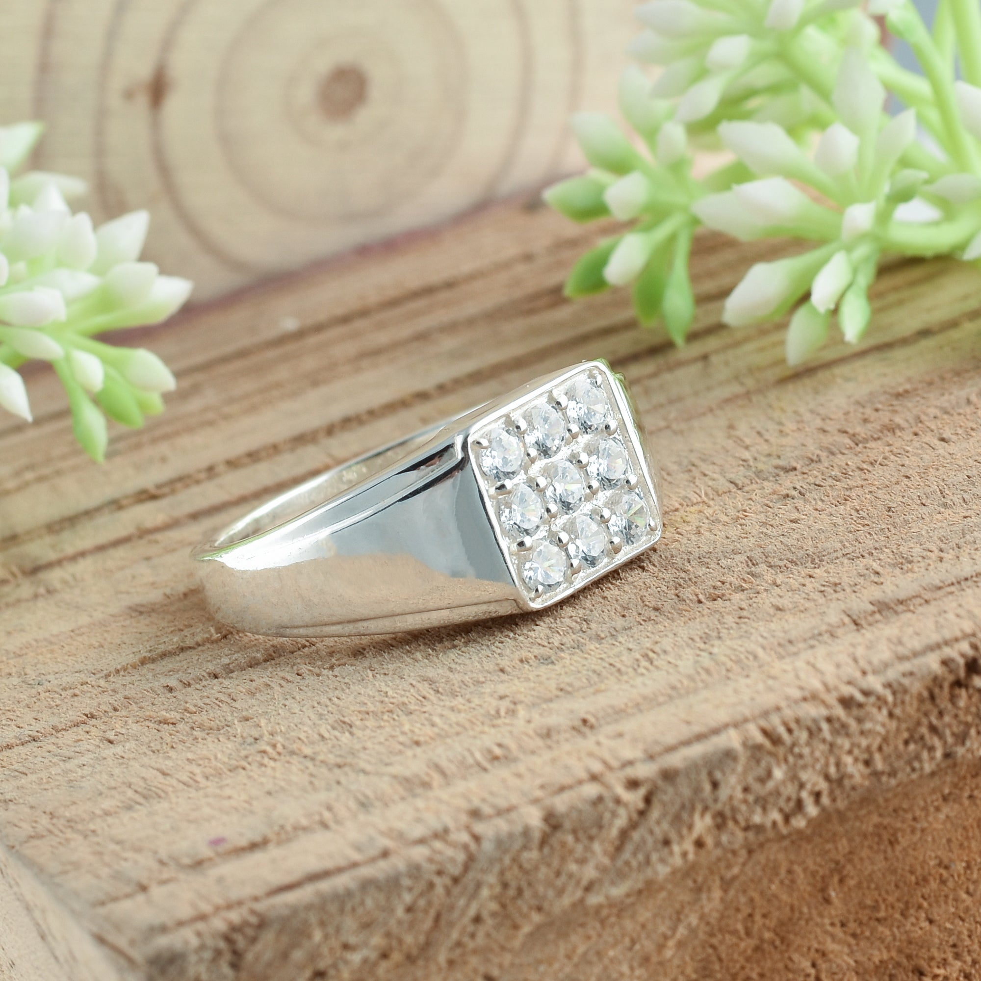 Round White Topaz Square Cluster Ring 925 Sterling Silver