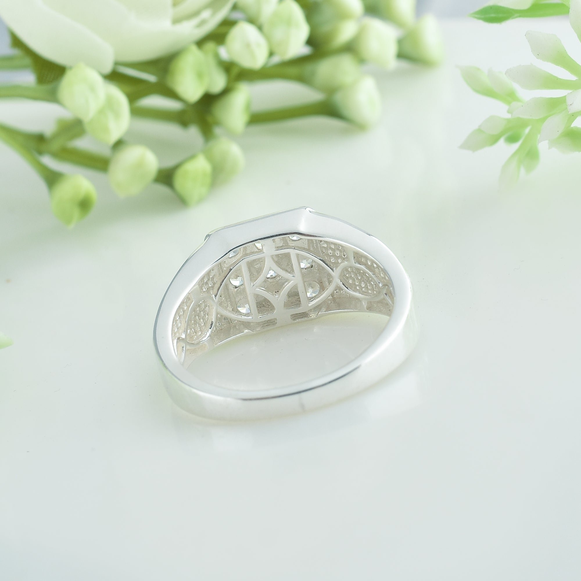 Round White Topaz Square Cluster Ring 925 Sterling Silver