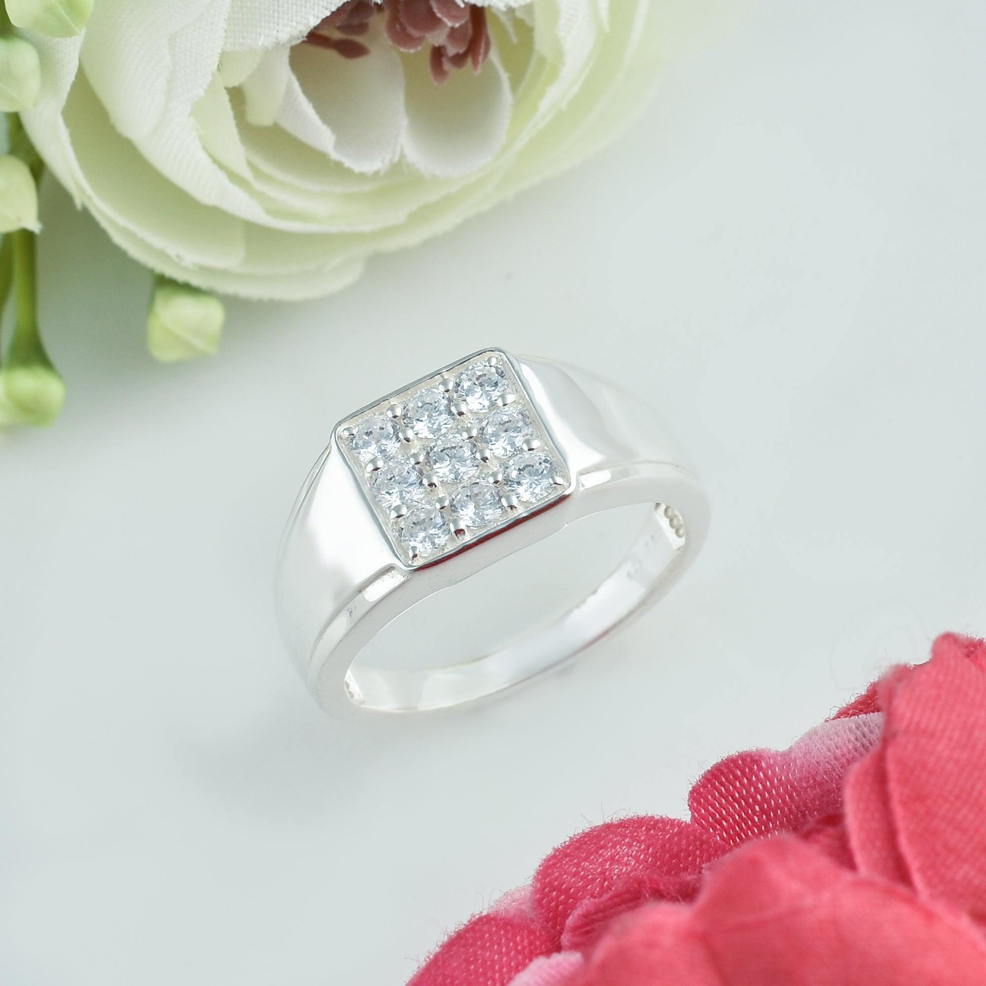 Round White Topaz Square Cluster Ring 925 Sterling Silver