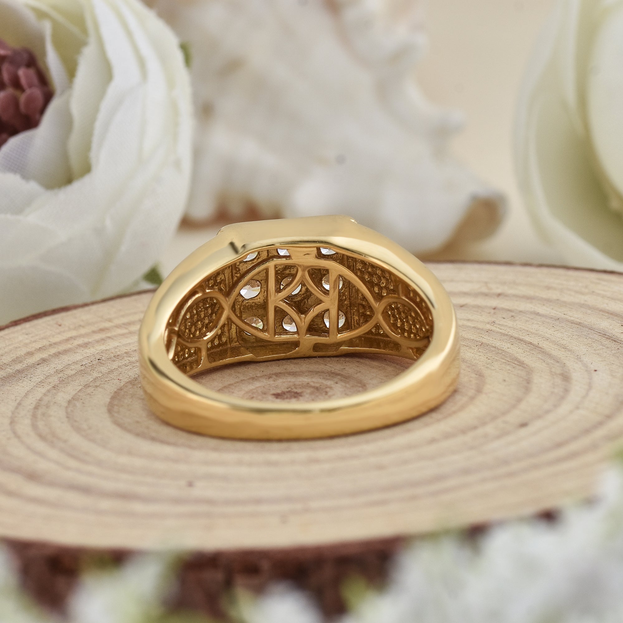 925 Sterling Silver Yellow Gold Plated Round White Topaz Square Cluster Ring for Men & Women