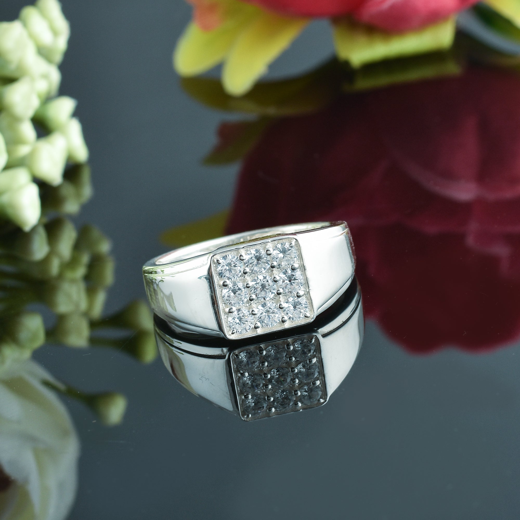 Round White Topaz Square Cluster Ring 925 Sterling Silver