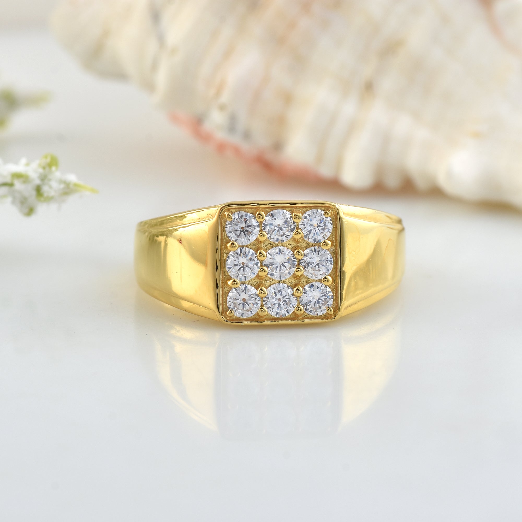 925 Sterling Silver Yellow Gold Plated Round White Topaz Square Cluster Ring for Men & Women