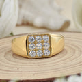 925 Sterling Silver Yellow Gold Plated Round White Topaz Square Cluster Ring for Men & Women