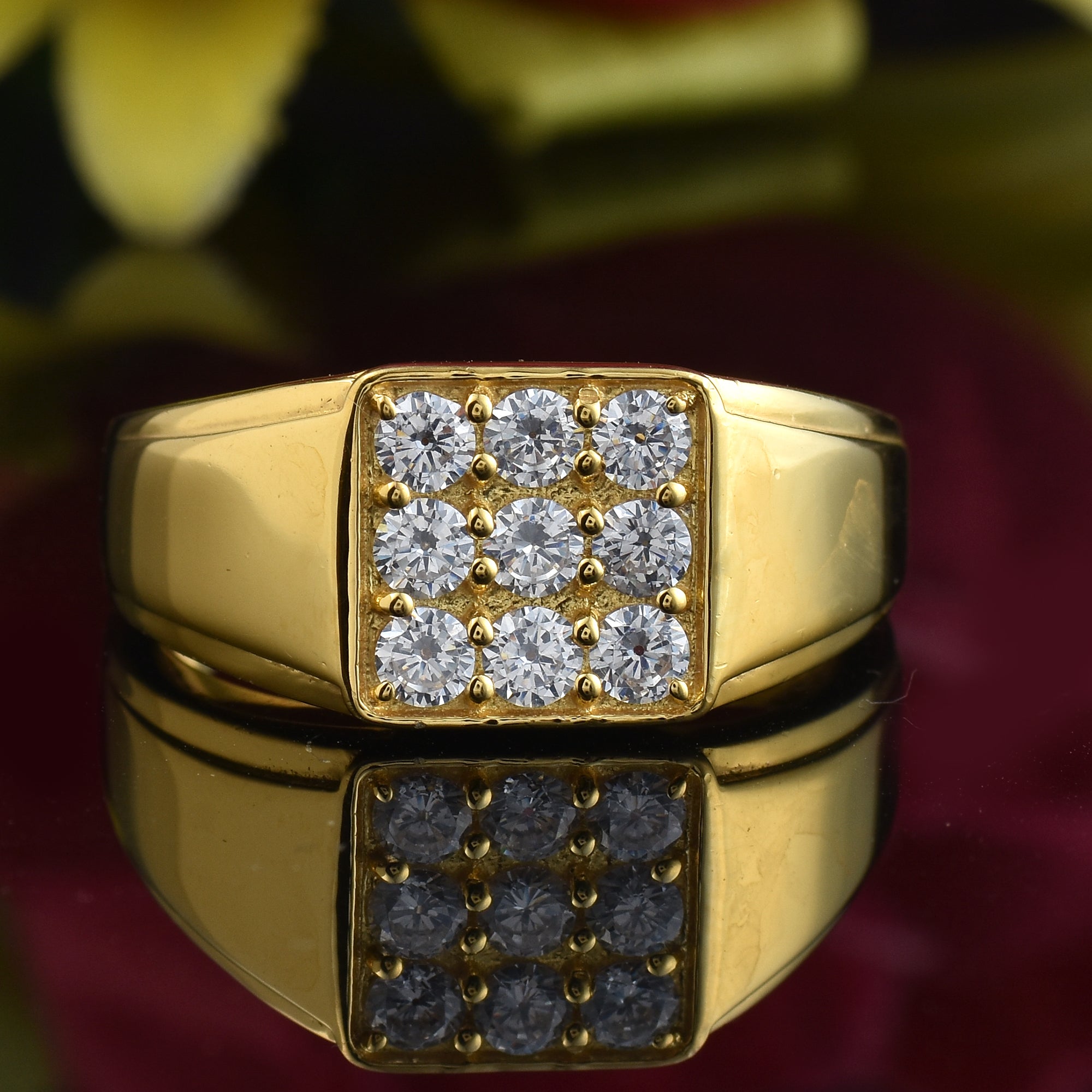 925 Sterling Silver Yellow Gold Plated Round White Topaz Square Cluster Ring for Men & Women