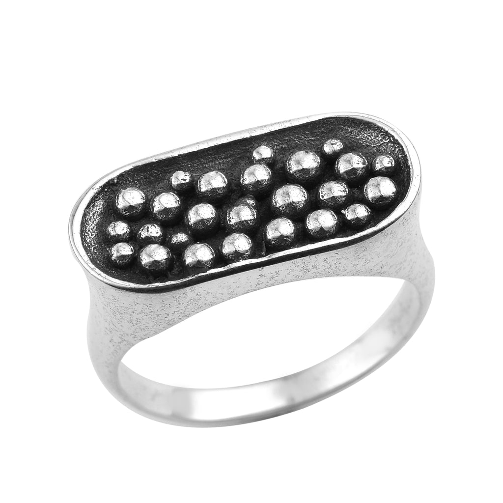 Beaded Textured Statement Band Ring 925 Sterling Silver Oxidized