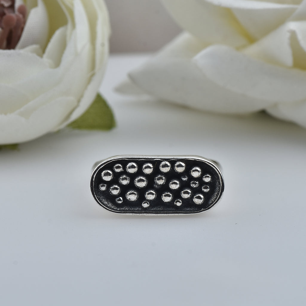 Beaded Textured Statement Band Ring 925 Sterling Silver Oxidized
