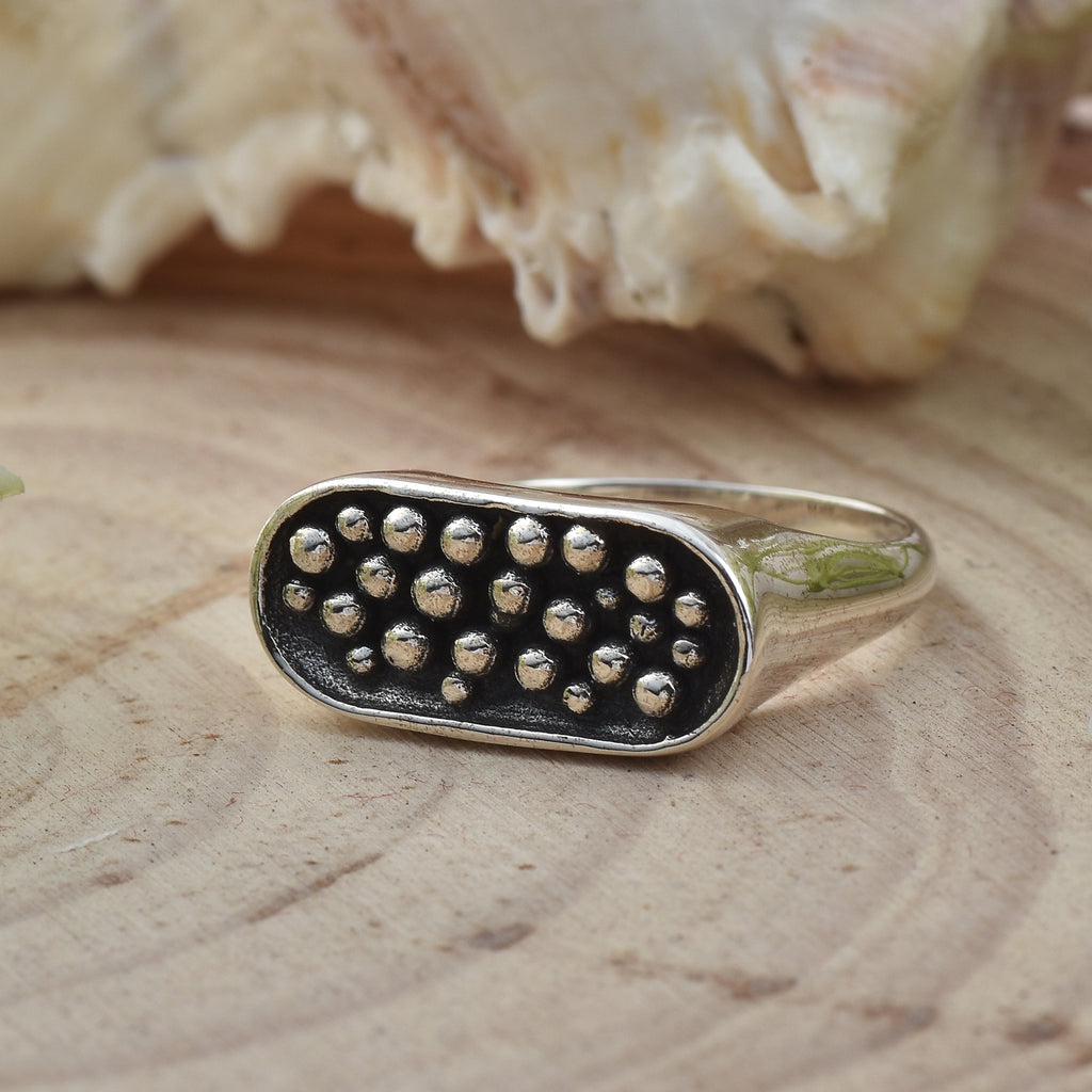 Beaded Textured Statement Band Ring 925 Sterling Silver Oxidized