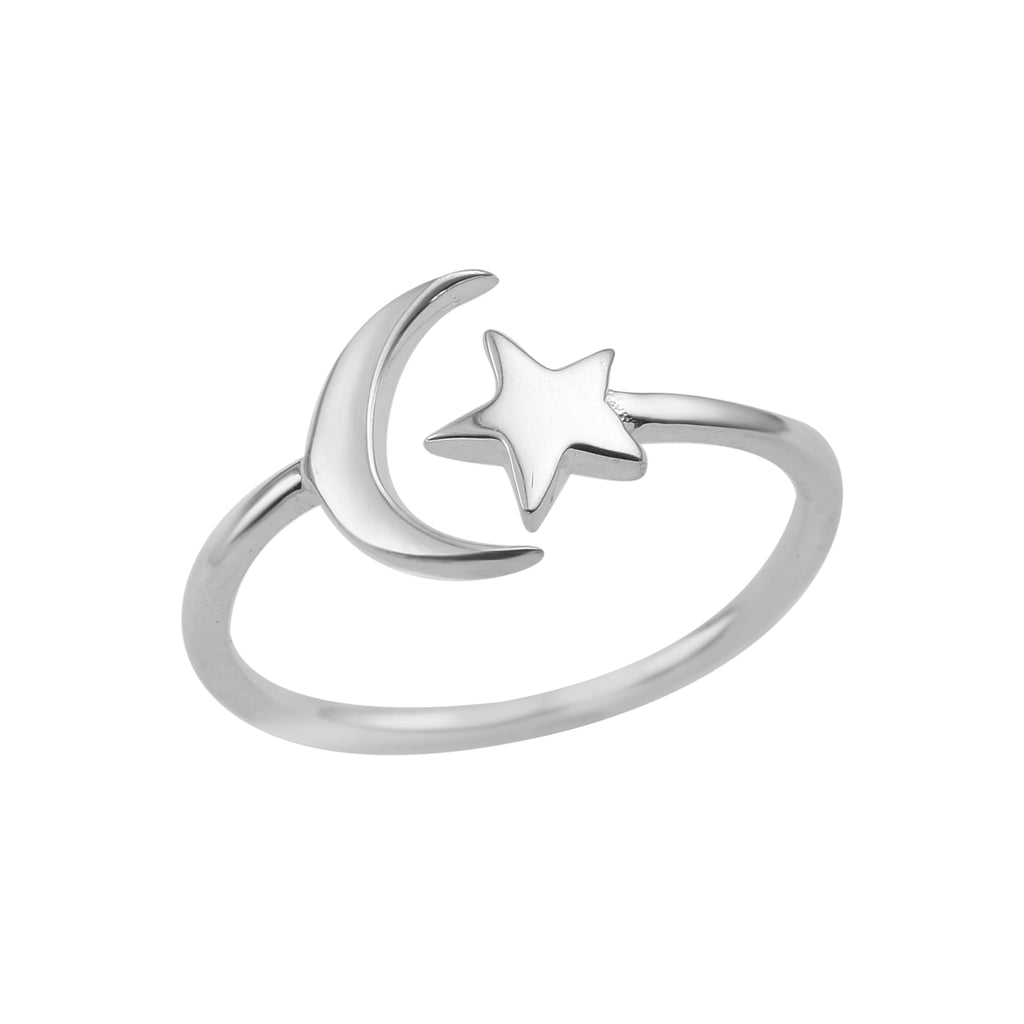 Minimalist Open Adjustable Celestial Moon & Star Ring 925 Sterling Silver