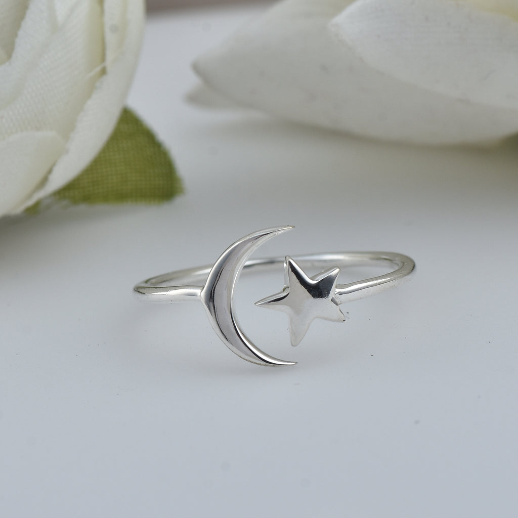 Minimalist Open Adjustable Celestial Moon & Star Ring 925 Sterling Silver