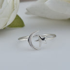 Minimalist Open Adjustable Celestial Moon & Star Ring 925 Sterling Silver