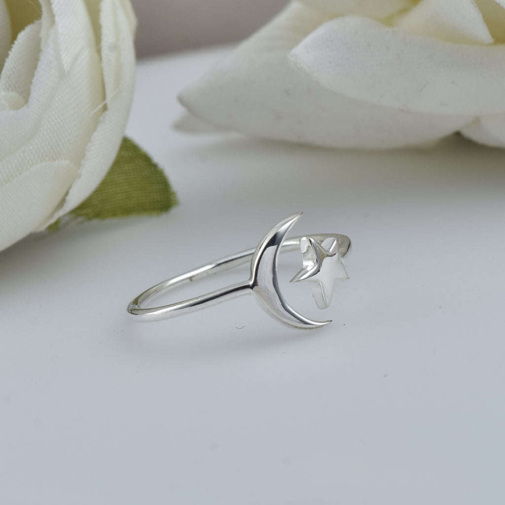 Minimalist Open Adjustable Celestial Moon & Star Ring 925 Sterling Silver