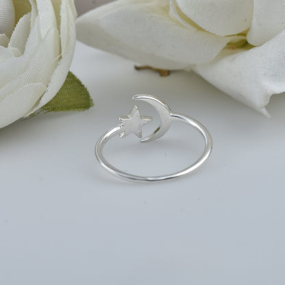 Celestial Moon and Star Open Adjustable Ring – 925 Sterling Silver