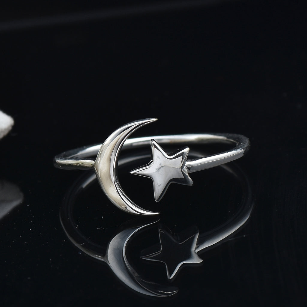 Minimalist Open Adjustable Celestial Moon & Star Ring 925 Sterling Silver