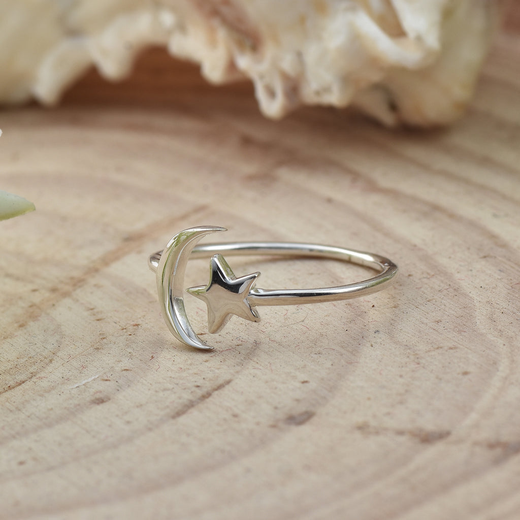 Minimalist Open Adjustable Celestial Moon & Star Ring 925 Sterling Silver