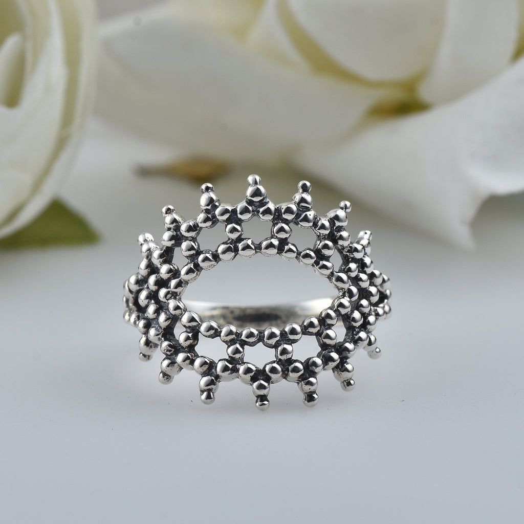 Triple Layer Bubble Texture Beaded Crown Ring 925 Sterling Silver