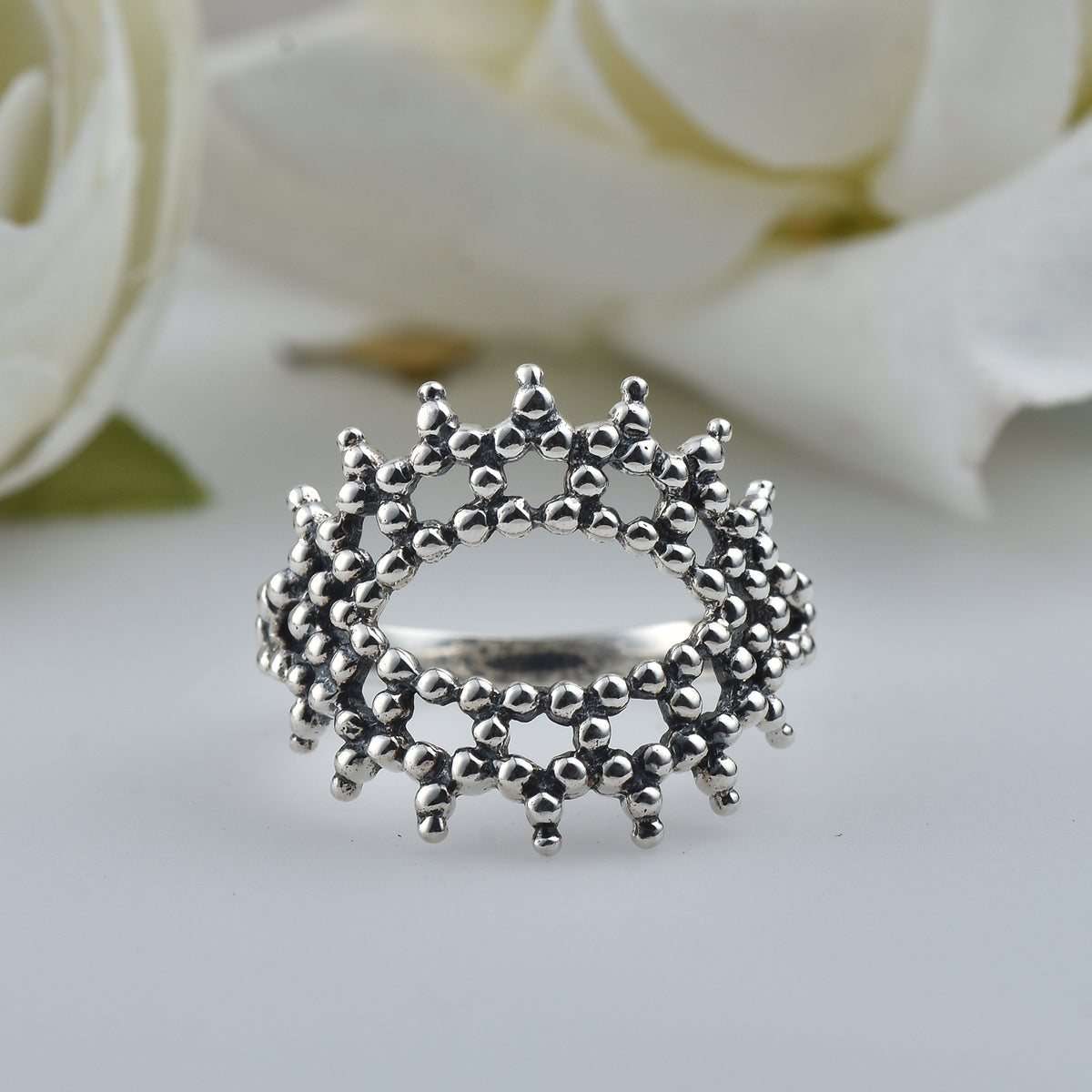 Triple Layer Beaded Crown Ring – 925 Sterling Silver