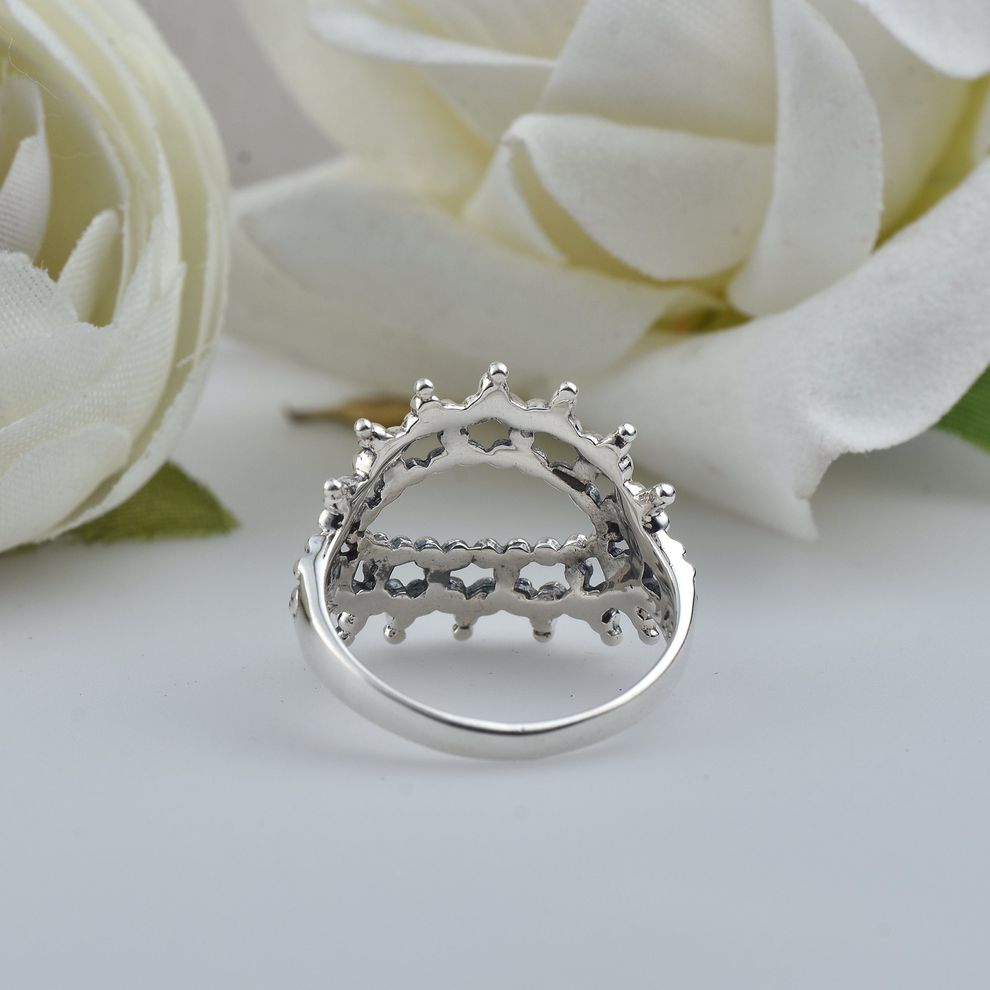 Triple Layer Bubble Texture Beaded Crown Ring 925 Sterling Silver