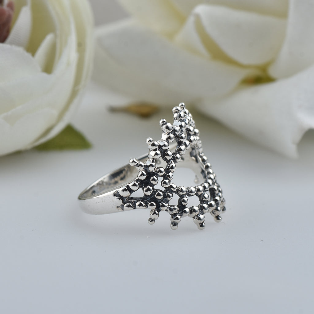Triple Layer Bubble Texture Beaded Crown Ring 925 Sterling Silver