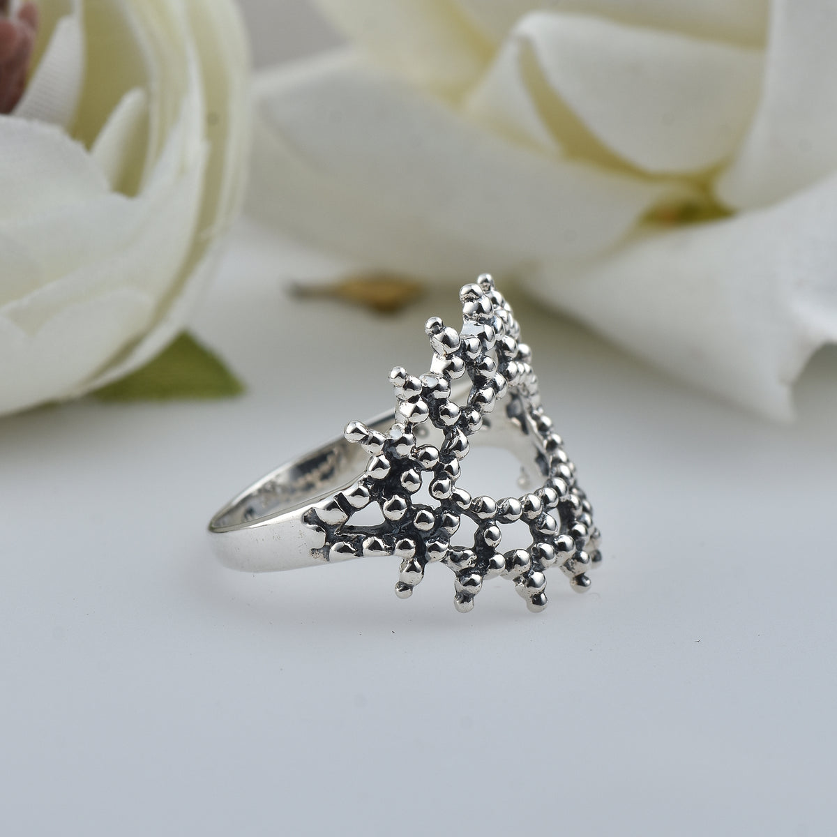 Triple Layer Beaded Crown Ring – 925 Sterling Silver