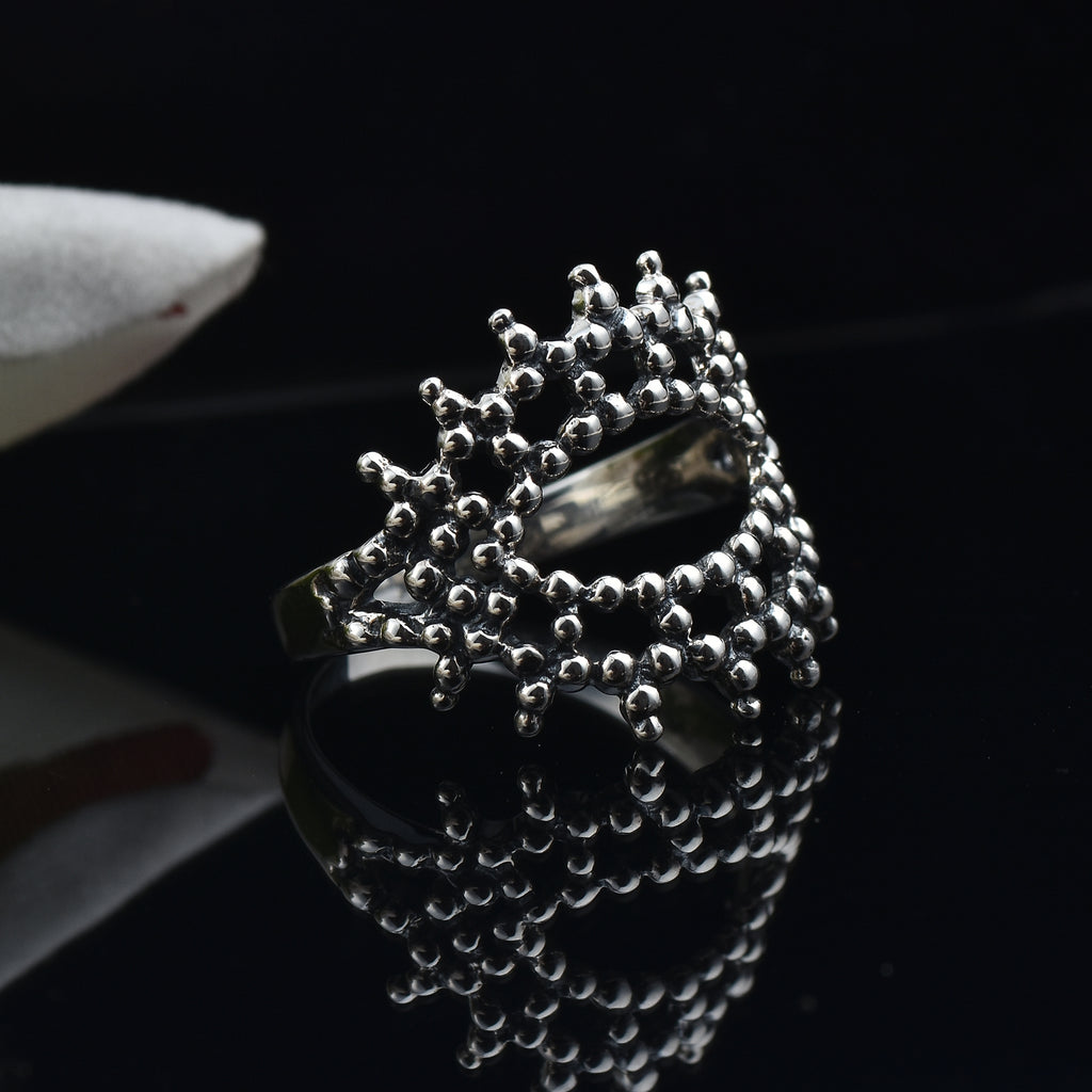 Triple Layer Bubble Texture Beaded Crown Ring 925 Sterling Silver