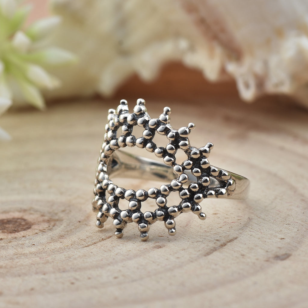 Triple Layer Bubble Texture Beaded Crown Ring 925 Sterling Silver