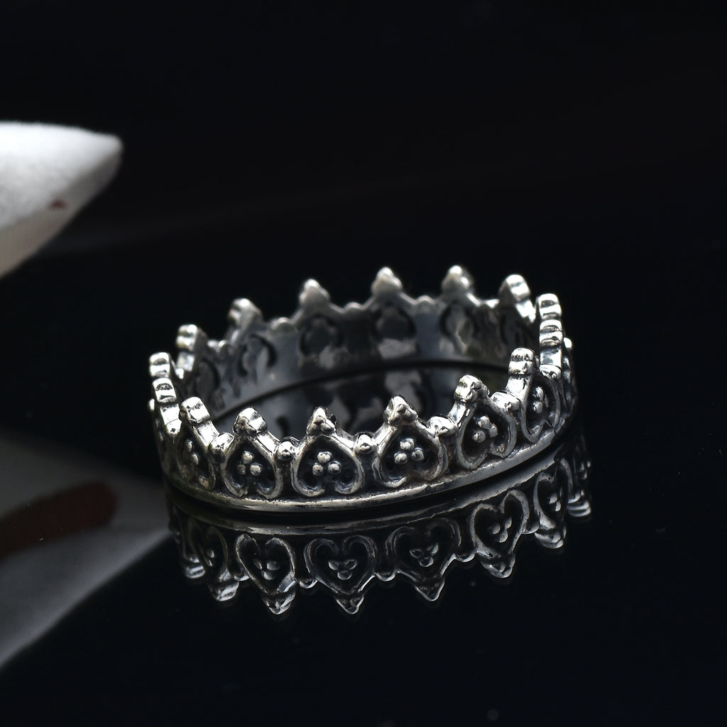 Heart Motif Vintage Stackable Crown Band Ring 925 Sterling Silver