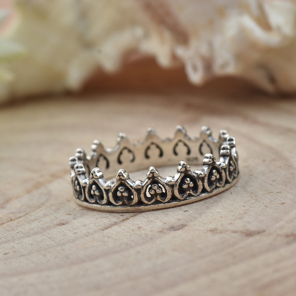 Heart Motif Vintage Stackable Crown Band Ring 925 Sterling Silver