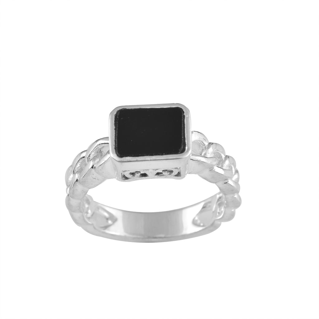 Rope Band Statement Black Onyx Square Ring 925 Sterling Silver