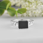 Rope Band Statement Black Onyx Square Ring 925 Sterling Silver