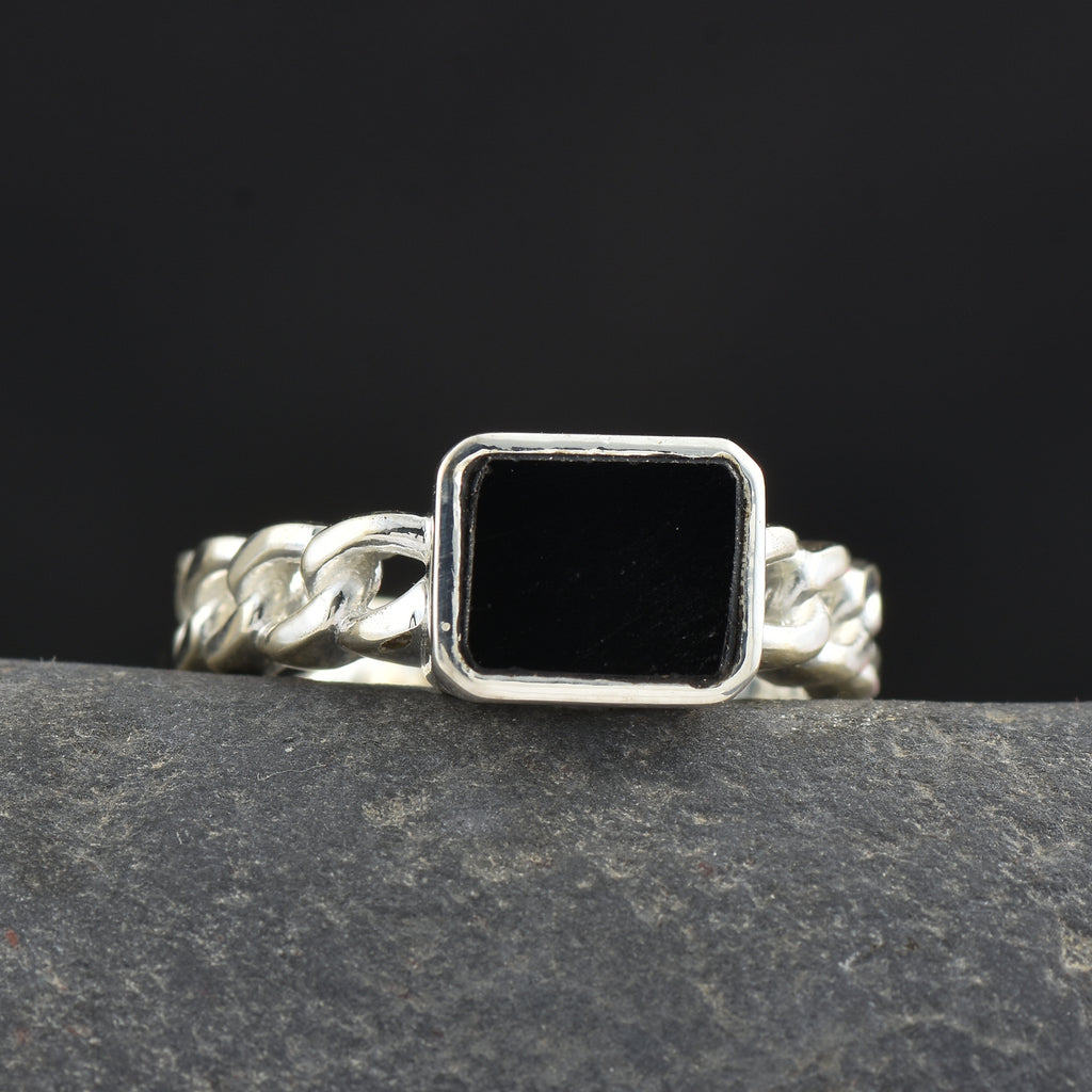 Rope Band Statement Black Onyx Square Ring 925 Sterling Silver