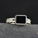 Rope Band Statement Black Onyx Square Ring 925 Sterling Silver