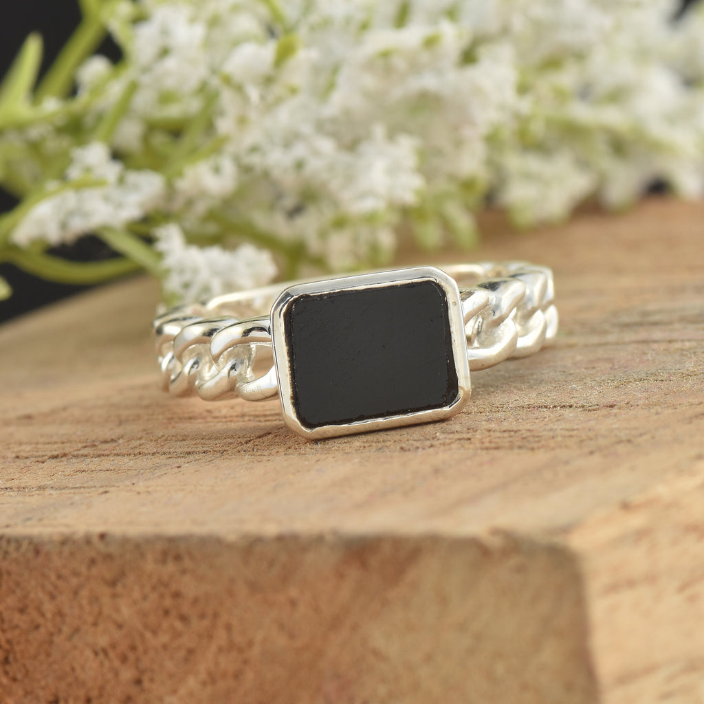 Rope Band Statement Black Onyx Square Ring 925 Sterling Silver
