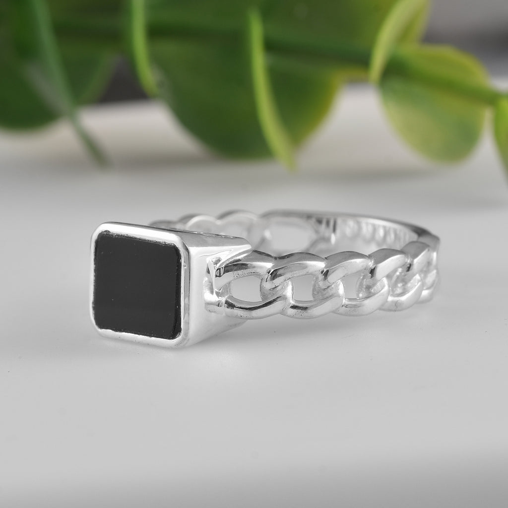 Rope Band Statement Black Onyx Square Ring 925 Sterling Silver