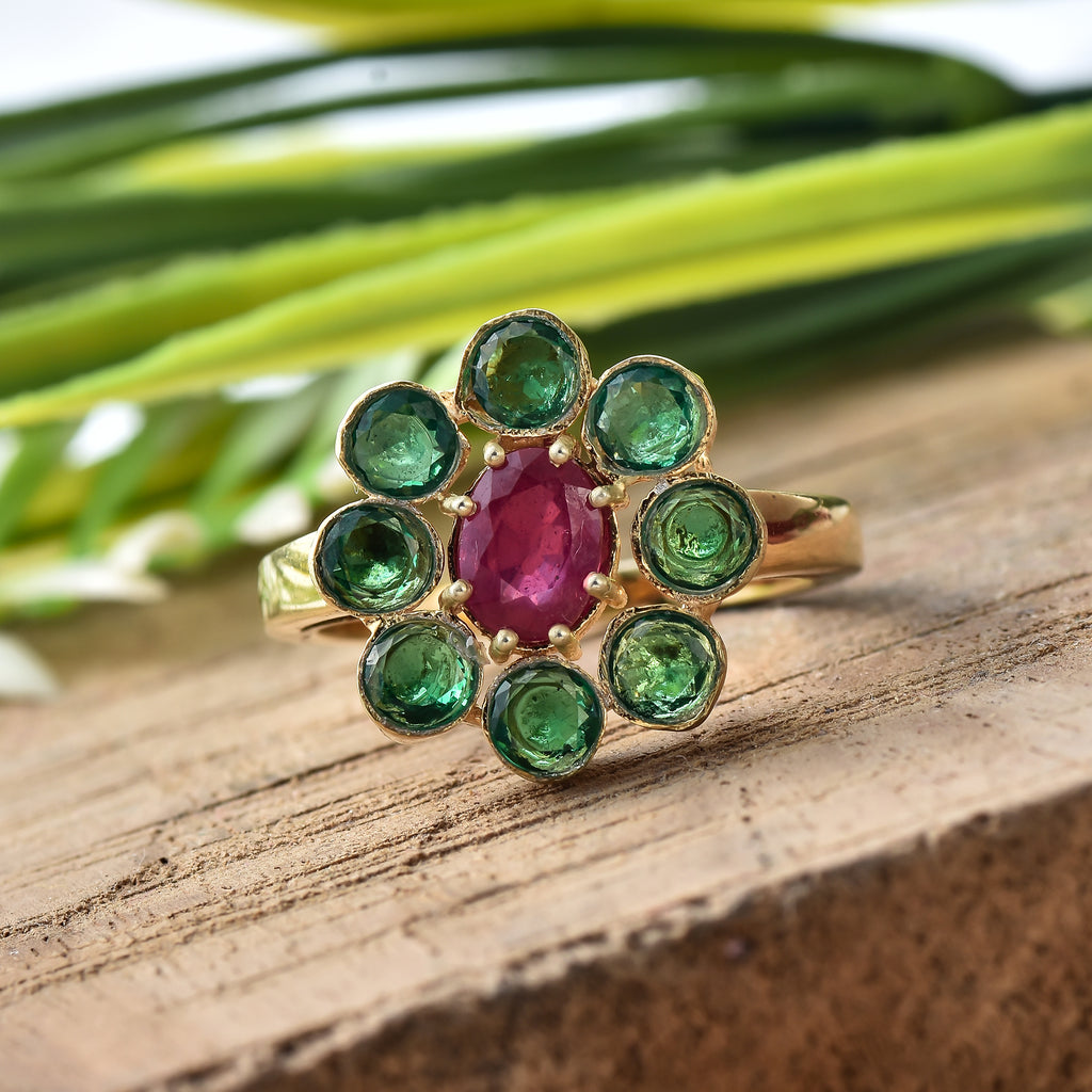 Oval Ruby Floral Ring 925 Sterling Silver Yellow Gold Plated