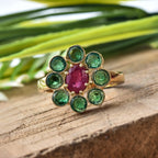 Oval Ruby Floral Ring 925 Sterling Silver Yellow Gold Plated
