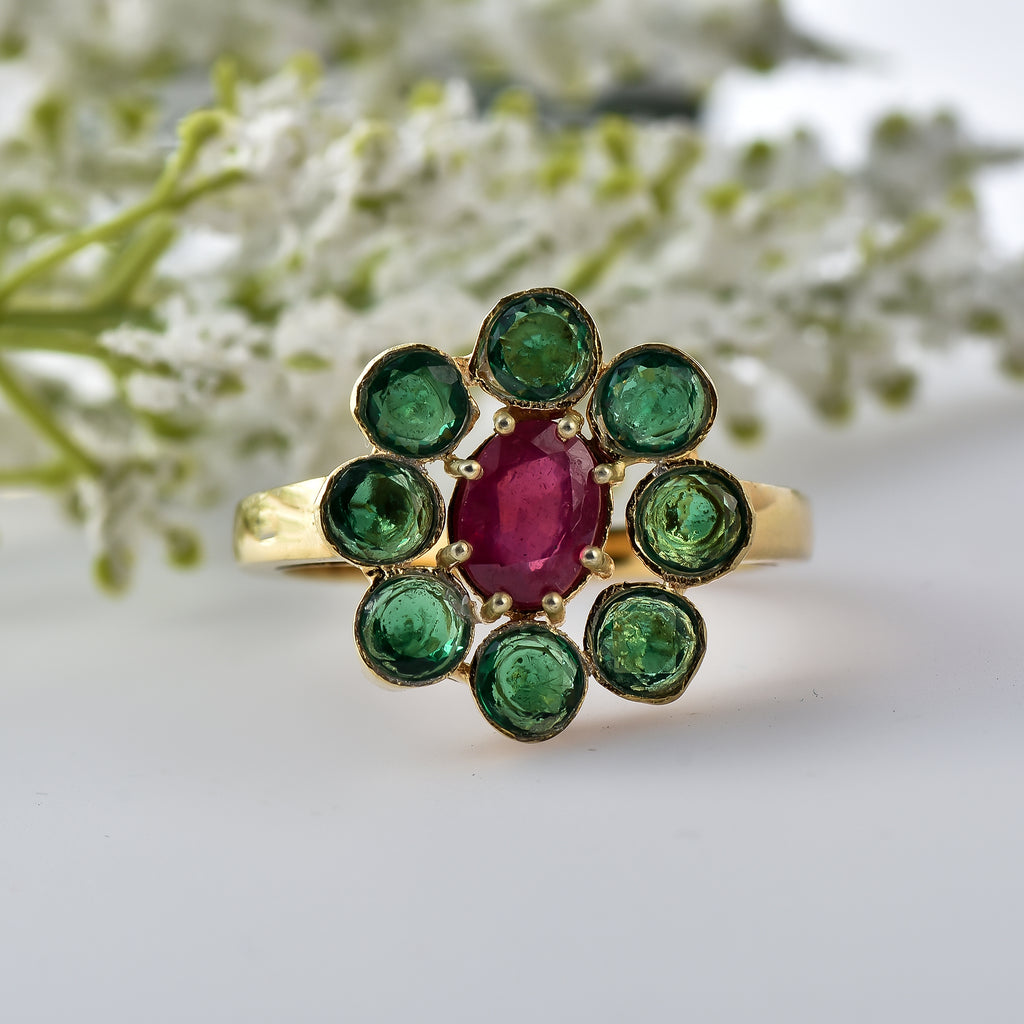 Oval Ruby Floral Ring 925 Sterling Silver Yellow Gold Plated