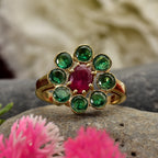 Oval Ruby Floral Ring 925 Sterling Silver Yellow Gold Plated