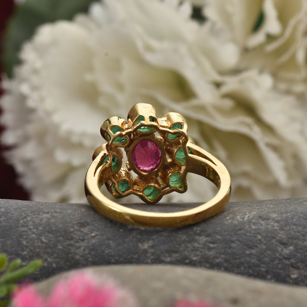 Oval Ruby Floral Ring 925 Sterling Silver Yellow Gold Plated